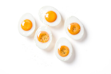 Wall Mural - Closeup of Five Peeled Boiled Eggs on White Background