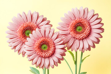 Canvas Print - Close-up of three pink gerbera daisies on a yellow background