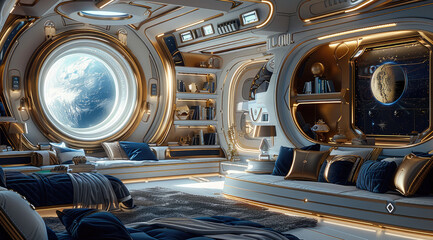 Aufkleber - Luxurious captain quarters on a spaceship. The living area features opulent furnishings in deep navy blue and polished gold accents. Generative AI.