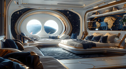 Aufkleber - Luxurious captain quarters on a spaceship. The living area features opulent furnishings in deep navy blue and polished gold accents. Generative AI.