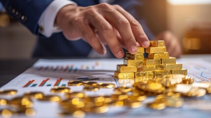 Poster - A businessperson reviewing a gold price report with graphs and charts, highlighting key trends.