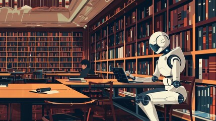 Aufkleber - Robot studying in a library with a laptop among bookshelves. AI and robotics in education.