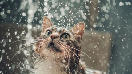 Poster - A cat shaking off water after a bath, with droplets flying and a surprised expression.
