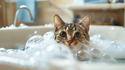Aufkleber - A cat sitting in a bubble-filled bathtub with only its head visible, looking curiously at the camera.