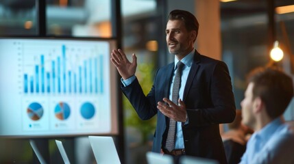 Aufkleber - A businessman presenting a growth graph to his team, indicating successful business strategies.