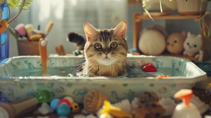 Aufkleber - A cat sitting in a shallow basin with water, with toys and bath supplies scattered around.