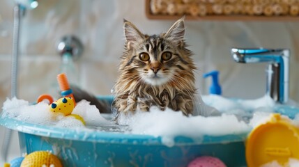 Aufkleber - A cat sitting in a shallow basin with water, with toys and bath supplies scattered around.
