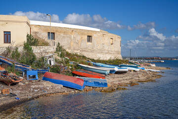 Poster - Touristic summer view of the harbor in Trapani, Sicily, Italy, Europe