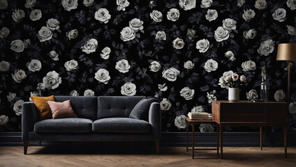 Wall Mural - Dark floral wallpaper featuring black roses, ideal for a black wall