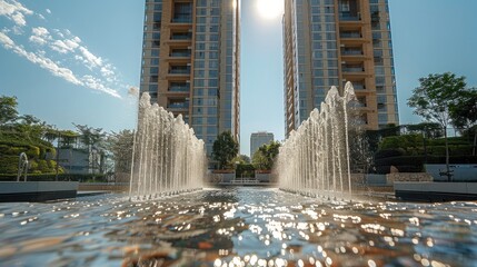 Poster - Facade of two towers, with water fountains and architecture. Generative AI.