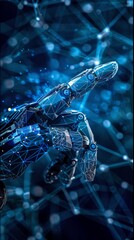 Aufkleber - Close-up of a robotic hand with neon blue accents reaching out in a high-tech environment. Perfect for illustrating AI, robotics, and technology.