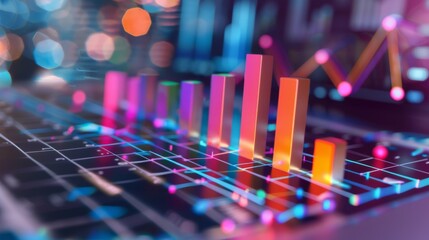 Aufkleber - A colorful 3D bar graph displayed on a laptop, indicating quarterly sales performance.