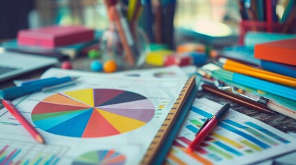 Poster - A colorful pie chart printed on a document, laying on a cluttered office desk.