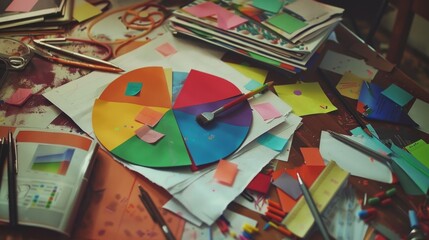 Aufkleber - A colorful pie chart printed on a document, laying on a cluttered office desk.