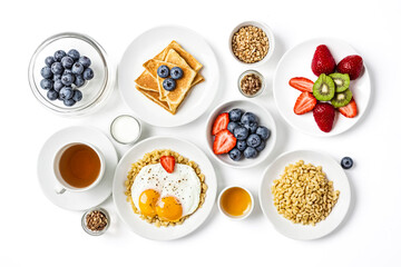 Poster - Top View of Breakfast Foods on a White Background