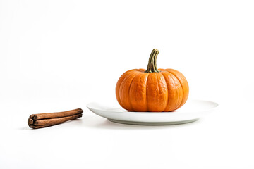 Wall Mural - Small Pumpkin on White Plate with Cinnamon Sticks