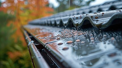 Poster - Close-up of raindrops on aluminum gutter and house roof. Generative AI.
