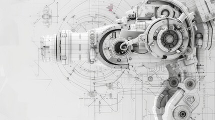 Poster - Technical blueprint of a robot arm with mechanical details and futuristic design. Ideal for showcasing engineering, robotics, and technology concepts.