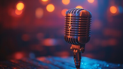 Wall Mural - Vintage microphone on a stand with bokeh lights background, music and retro concept