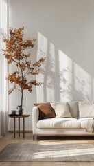 Serene minimalist autumn living room with realistic photo for a clean and beautiful seasonal concept