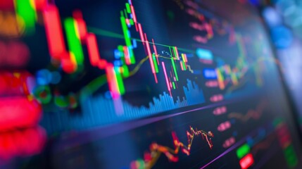 Poster - A digital screen displaying a live stock market graph with fluctuating prices and trends.