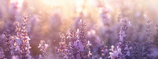 Wall Mural - A soft focus background of lavender flowers, bathed in the warm glow of sunlight The delicate petals create intricate patterns against the gentle light rays Generative AI