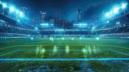 Wall Mural - An open-air football stadium, illuminated by bright lights and surrounded by skyscrapers in blue color, and the overall atmosphere conveys excitement about sports events. A vibrant soccer field.