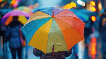 Poster - Rear view. People holding colorful umbrella in the rain with a blurred Background. Close-up of umbrella, Sunset light. Generative AI.