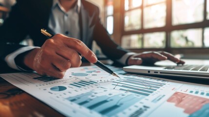 Poster - A financial advisor explaining a graph to clients, pointing at the upward trend with a pen.