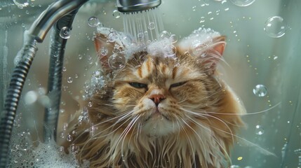 Poster - A fluffy cat being gently washed in a bathtub, with soap bubbles and a handheld showerhead.