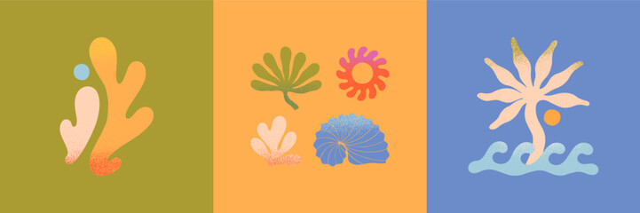 Wall Mural - vector set of abstract summer nature elements.hand drawn palm,organic form,sun,coral,seashells,waves