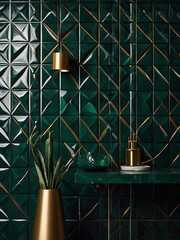 Wall Mural - Dark green triangular mosaic tile wallpaper with geometric fluted pattern