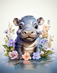 Wall Mural - hippopotamus with flower 