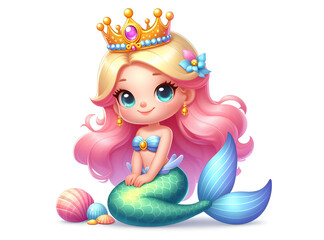 cute Mermaid with crown vector-style 3d cartoon illustration isolated on white background