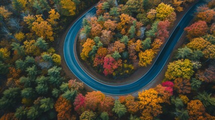 Poster - Scenic road winding through a forest in autumn, with leaves in vibrant fall colors