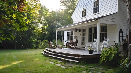 Wall Mural - A cozy backyard deck of a white farmhouse