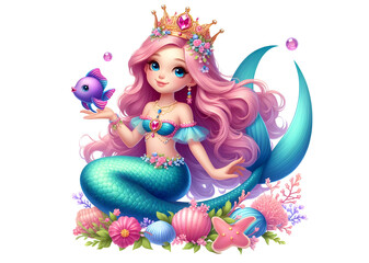 little Mermaid Princess with tressure & fish vector-style 3d illustration isolated on a white background