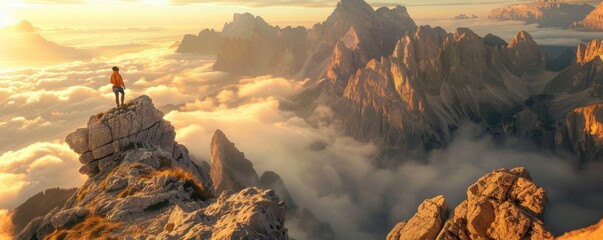 panoramic photo of the Dolomites, in late summer, during golden hour, with an alpine climber on top of rocks looking out over sea of clouds below Generative AI