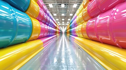 Sticker -   A row of multi-colored plastic barrels in a spacious room, surrounded by other plastic barrels in the backdrop