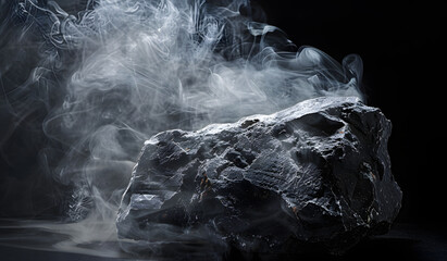 Canvas Print - Mountain rock and floating smoke on a black background are for displaying product