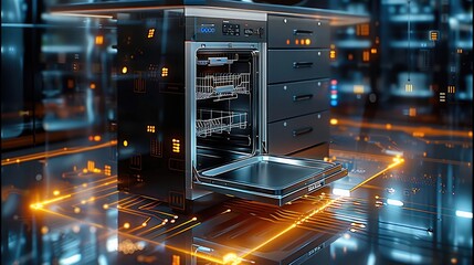 Aufkleber - High-tech style, a booth in the middle, with a gray dishwasher surrounded by glowing glass, and a circuit board texture on the ground. Generative AI.