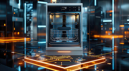 Aufkleber - High-tech style, a booth in the middle, with a gray dishwasher surrounded by glowing glass, and a circuit board texture on the ground. Generative AI.
