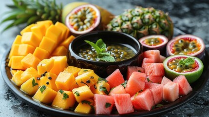 Poster - A tropical fruit platter featuring mango slices, papaya chunks, pineapple spears, and passion fruit halves, served with a tangy lime chili dipping sauce. Generative AI.