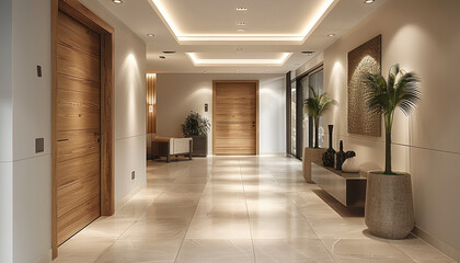 Aufkleber - The entrance hall is designed in a modern minimalist style for the interior of a high-end apartment with a combination of light grey tiled floors and white walls. The natural light. Generative AI.