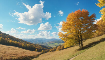 Wall Mural - A scenic view of a mountain valley from a hilltop, featuring golden autumn leaves on the trees and rolling green hills. The sky is bright blue with puffy white clouds.