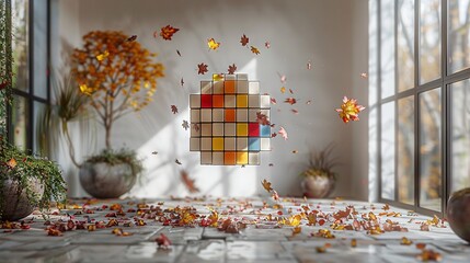 Wall Mural -   A spacious room with numerous windows and fallen autumn leaves adjoining a substantial window