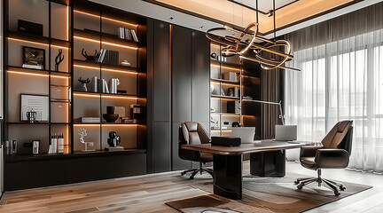 Poster - Modern Chinese style home office, minimalist interior design, black desk chairs, wooden floor-to-ceiling Windows, modern chandeliers hanging above the desk, white walls and ceiling. Generative AI.