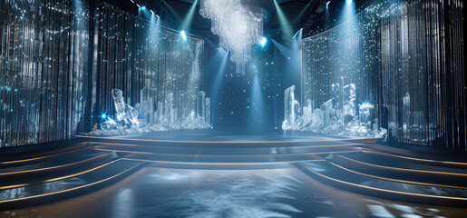 Poster - Wide stage, award ceremony style, crystal inspired stage and back screen. Generative AI.