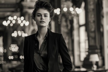 Wall Mural - A woman in a black suit stands in front of a building with a lot of lights