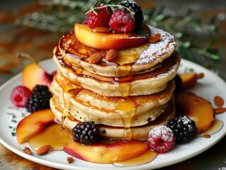 Wall Mural - A stack of pancakes with berries and syrup on top